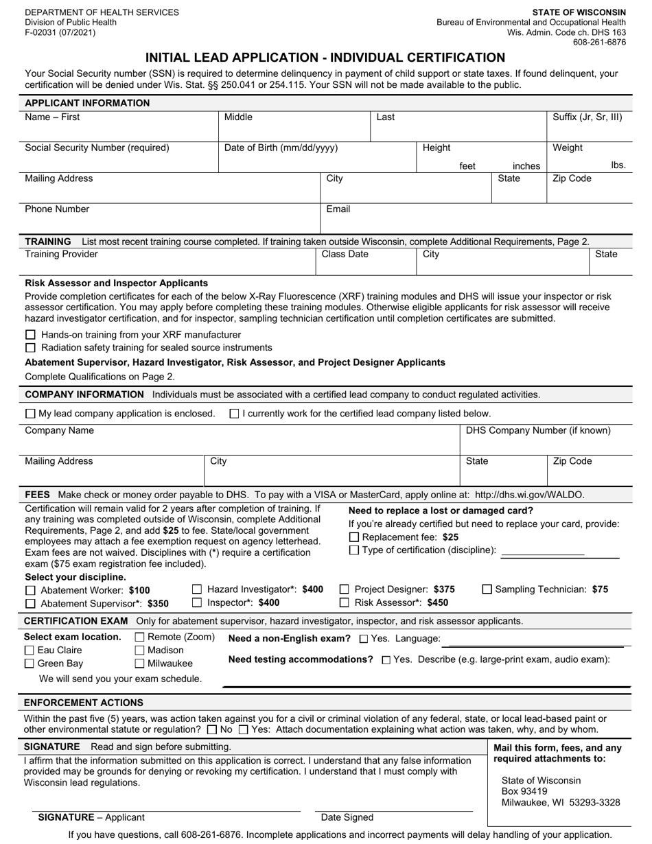 Form F-02031 Initial Lead Application - Individual Certification - Wisconsin, Page 1