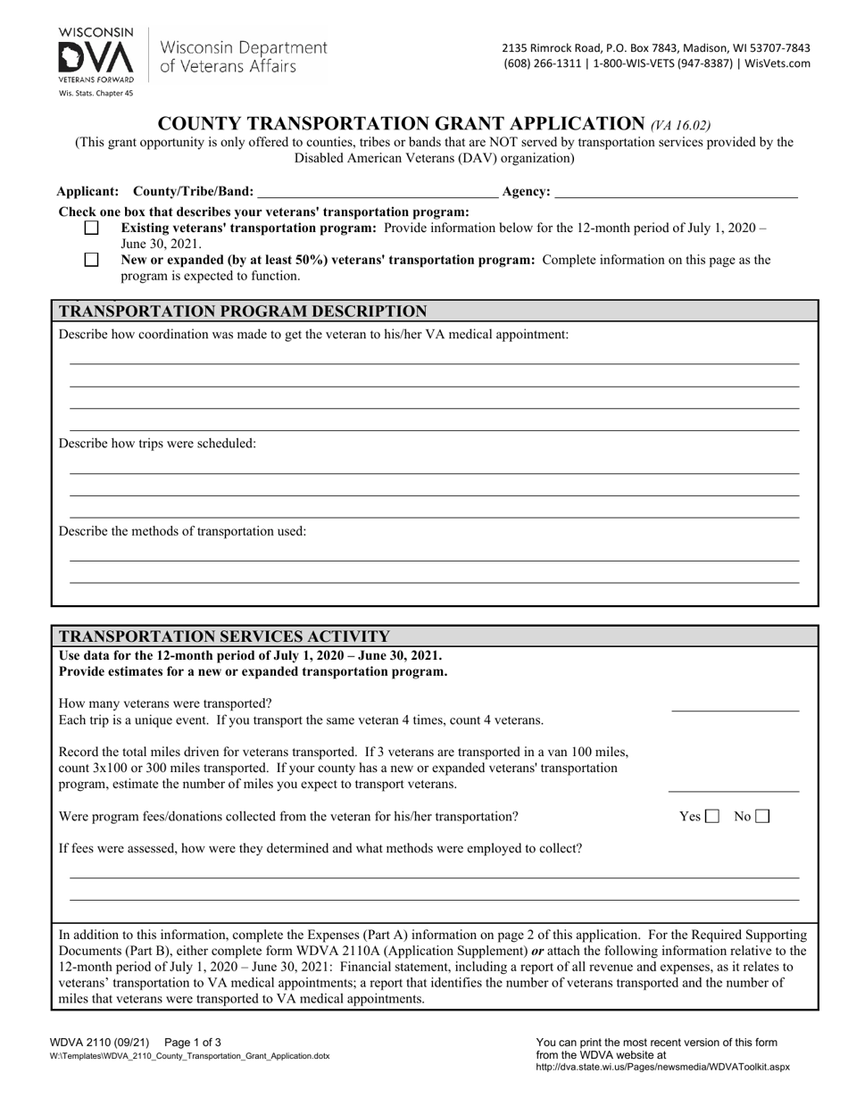 Form WDVA2110 County Transportation Grant Application - Wisconsin, Page 1