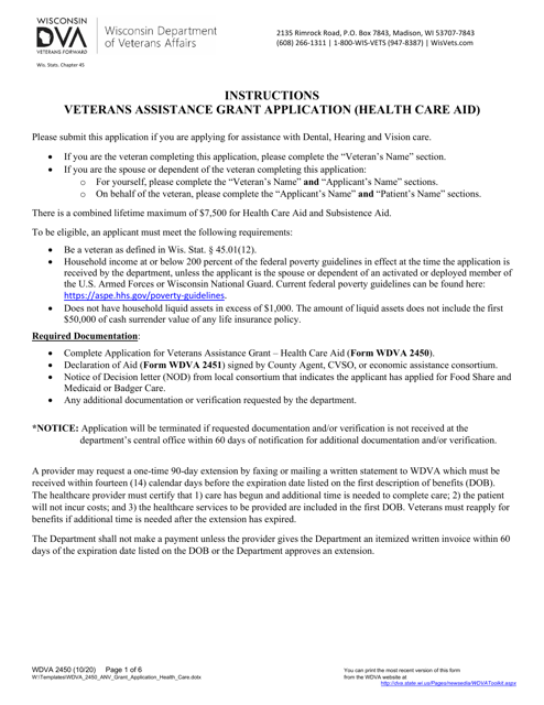 Form WDVA2450 Veterans Assistance Grant Application (Health Care Aid) - Wisconsin