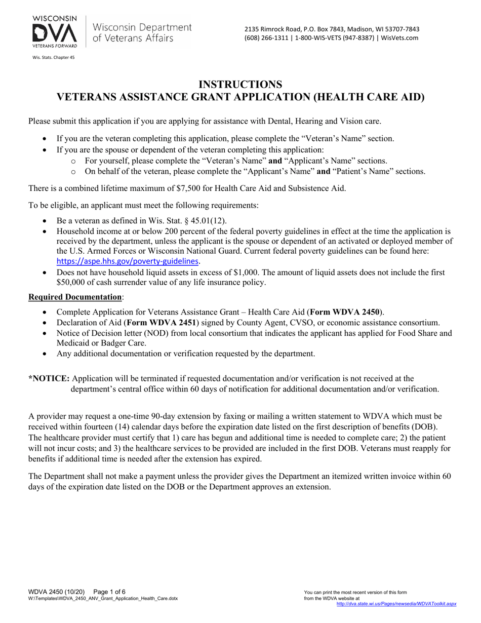 Form WDVA2450 Download Fillable PDF or Fill Online Veterans Assistance