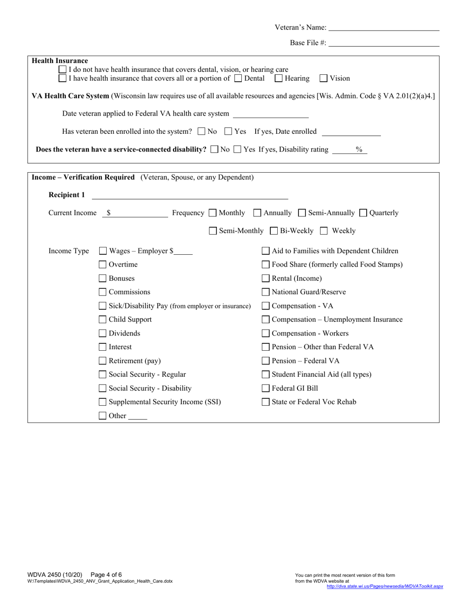 Form WDVA2450 Veterans Assistance Grant Application (Health Care Aid) - Wisconsin, Page 4