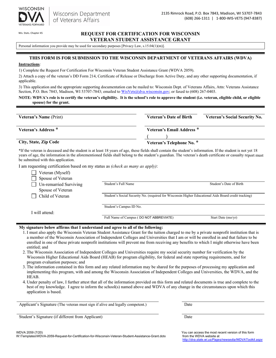 Form WDVA2059 Request for Certification for Wisconsin Veteran Student Assistance Grant - Wisconsin, Page 1