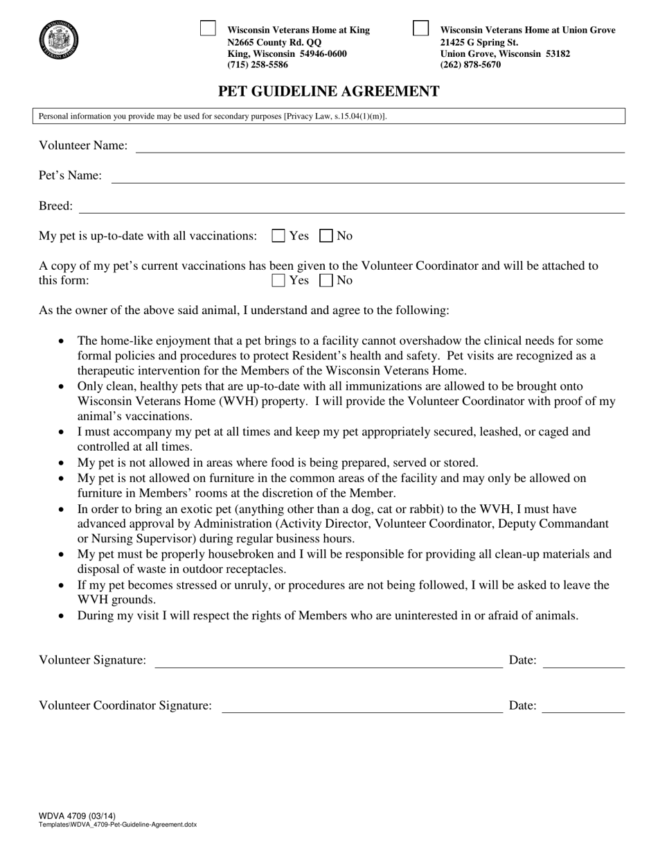 Form WDVA4709 Pet Guideline Agreement - Wisconsin, Page 1