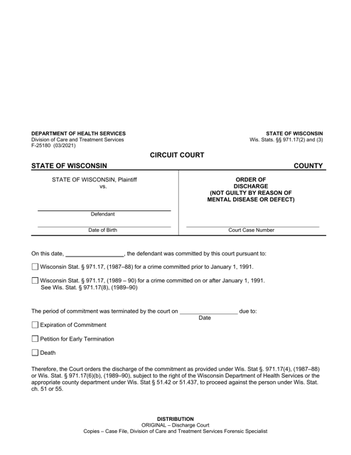 Form F-25180 Order of Discharge Upon Expiration of Commitment - Wisconsin
