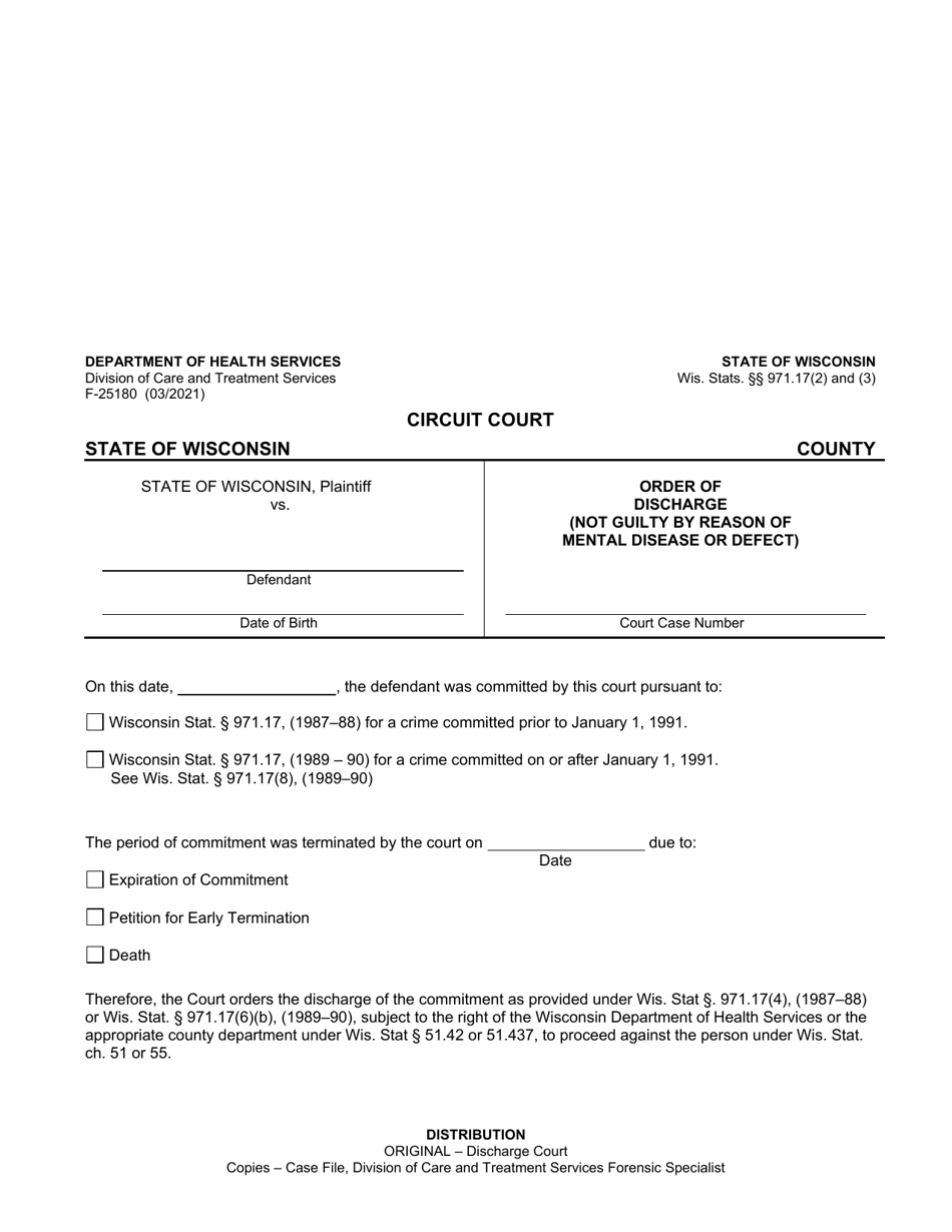 Form F-25180 Order of Discharge Upon Expiration of Commitment - Wisconsin, Page 1