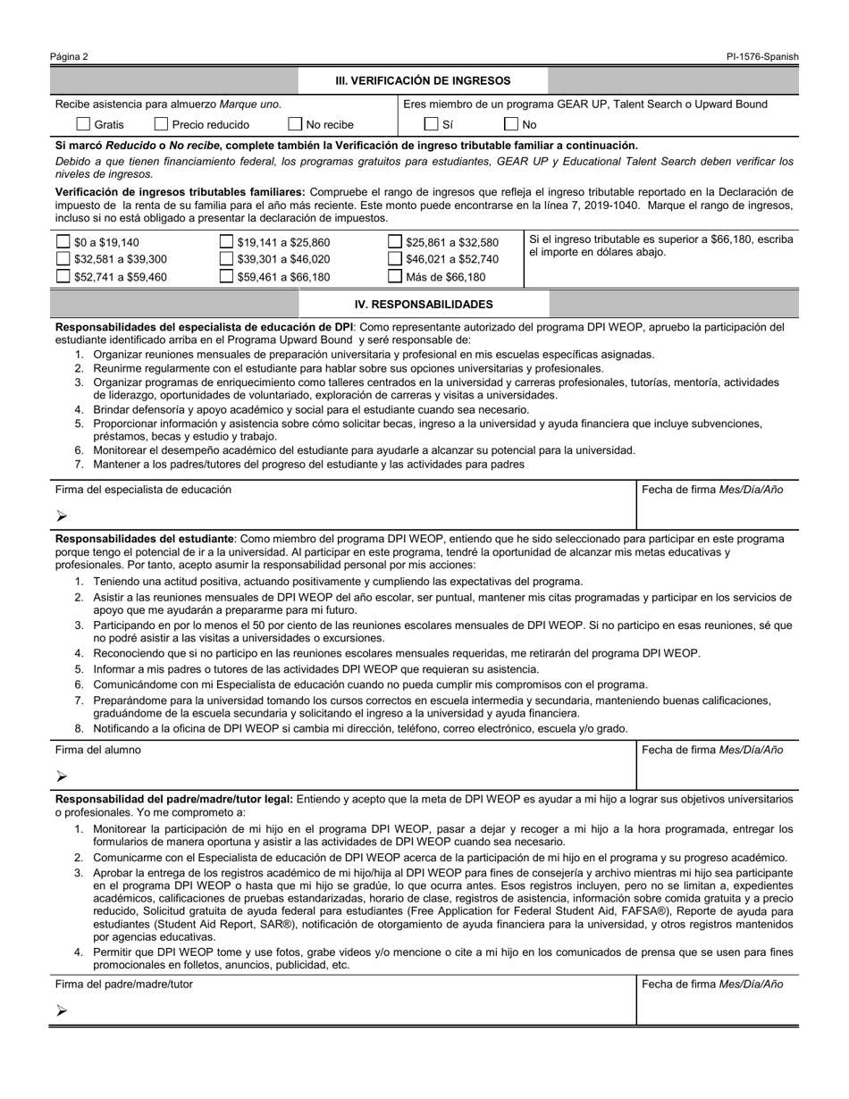 Formulario PI-1578 Solicitud De Inscripcion En Upward Bound - Programa De Oportunidad Educativa De Wisconsin (Weop) - Wisconsin (Spanish), Page 2