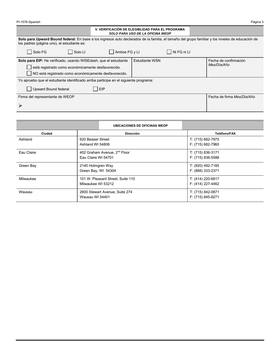 Formulario PI-1578 Solicitud De Inscripcion En Upward Bound - Programa De Oportunidad Educativa De Wisconsin (Weop) - Wisconsin (Spanish), Page 3