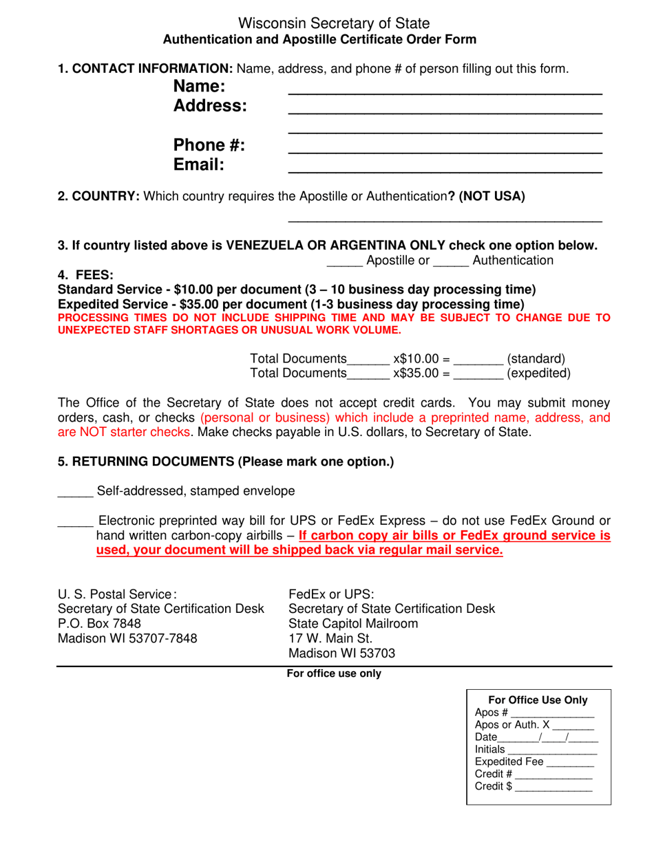 Authentication and Apostille Certificate Order Form - Wisconsin, Page 1