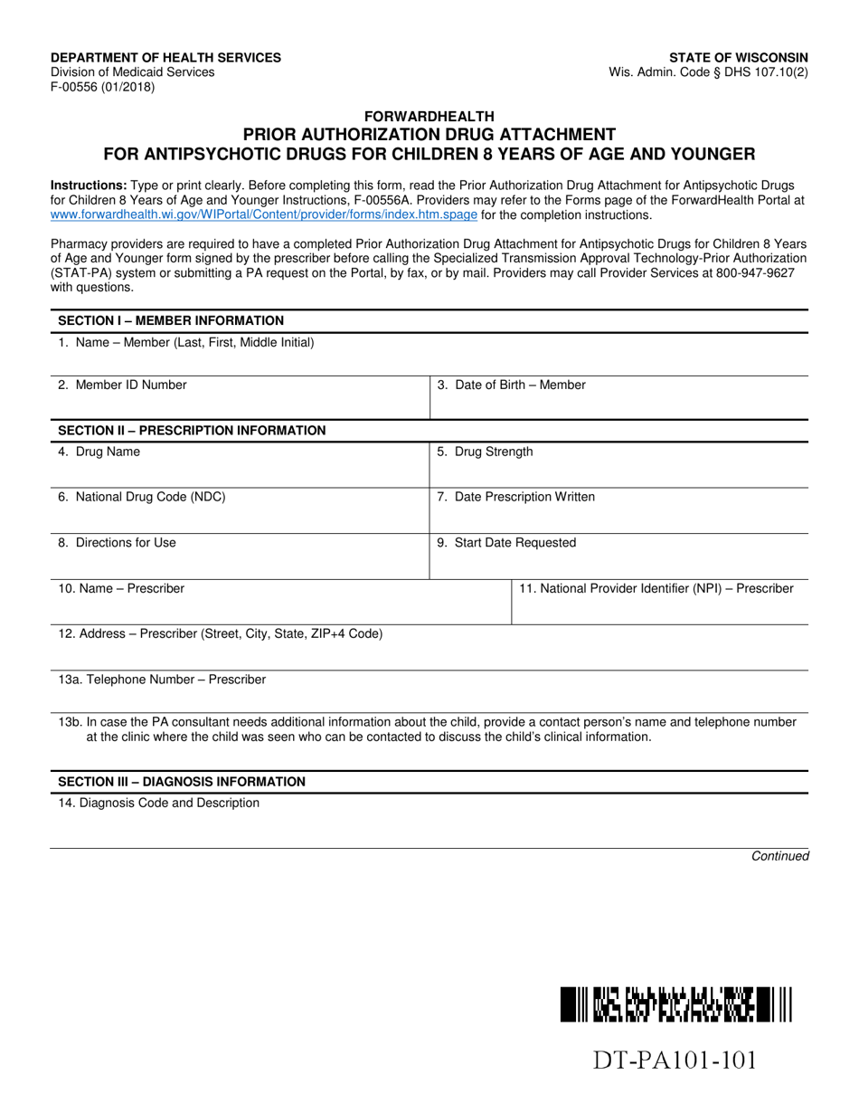 Form F-00556 Prior Authorization Drug Attachment for Antipsychotic Drugs for Children 8 Years of Age and Younger - Wisconsin, Page 1