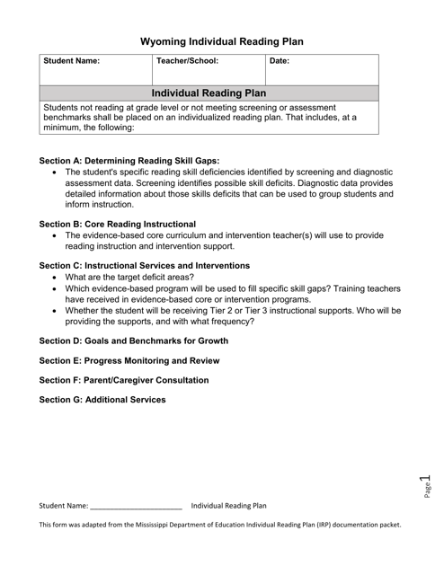 Wyoming Individual Reading Plan - Wyoming