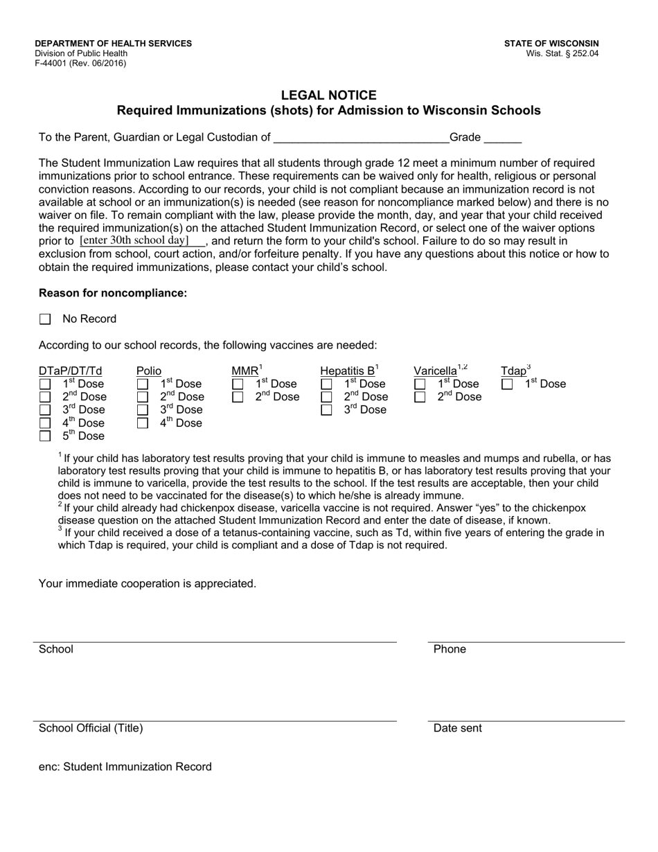 Form F-44001 Legal Notice - Required Immunizations for Admission to Wisconsin Schools - Wisconsin, Page 1
