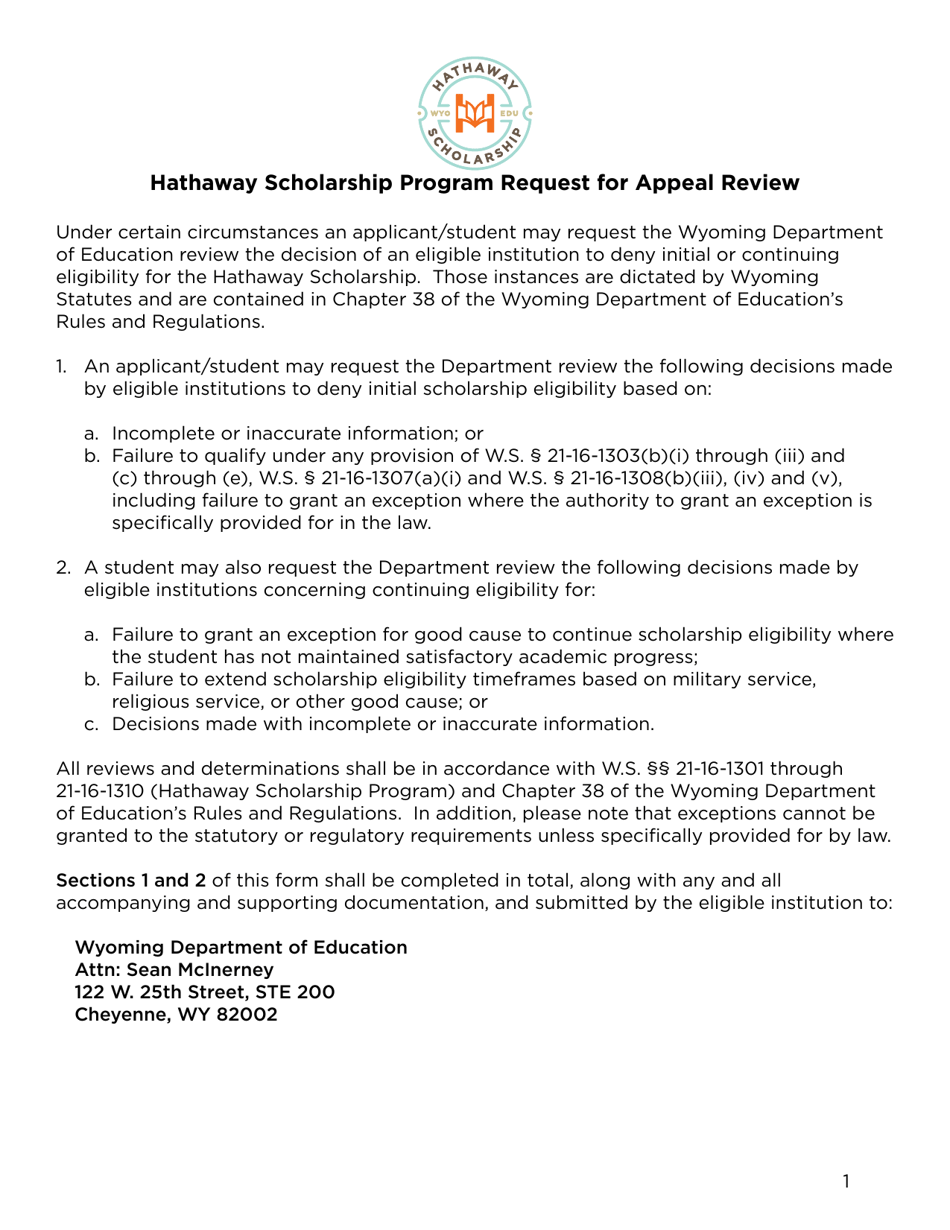 Request for Appeal Review - Hathaway Scholarship Program - Wyoming, Page 1