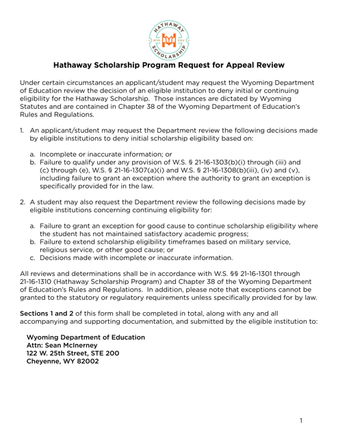 Request for Appeal Review - Hathaway Scholarship Program - Wyoming Download Pdf