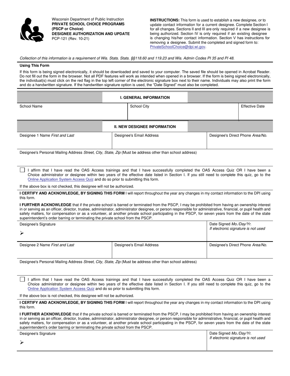 Form PCP-121 Designee Authorization and Update - Private School Choice Programs (Pscp or Choice) - Wisconsin, Page 1