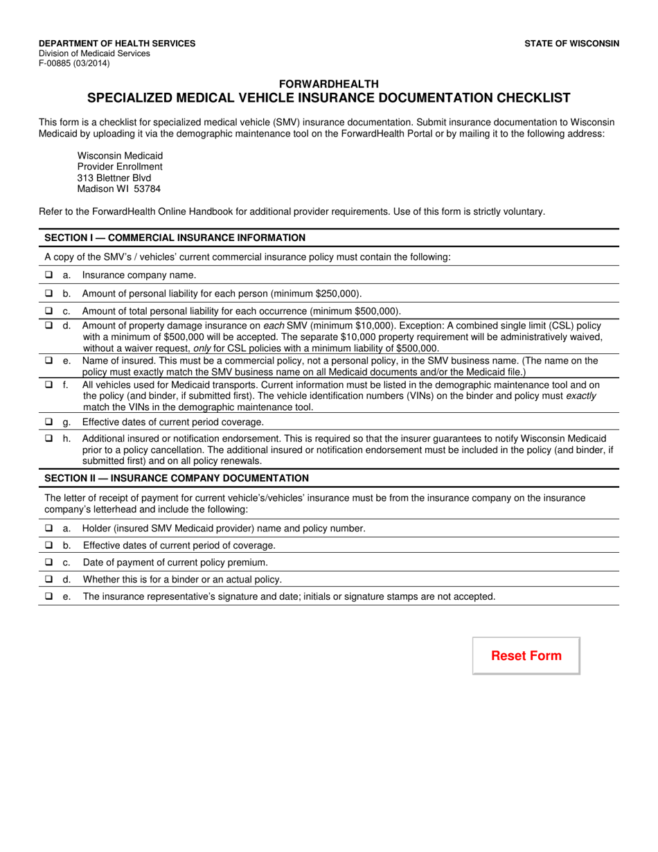 Form F-00885 Specialized Medical Vehicle Insurance Documentation Checklist - Wisconsin, Page 1