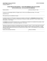 Document preview: Formulario F-00315A Aviso Previo Por Escrito - No Se Recomienda Una Evaluacion - Wisconsin (Spanish)