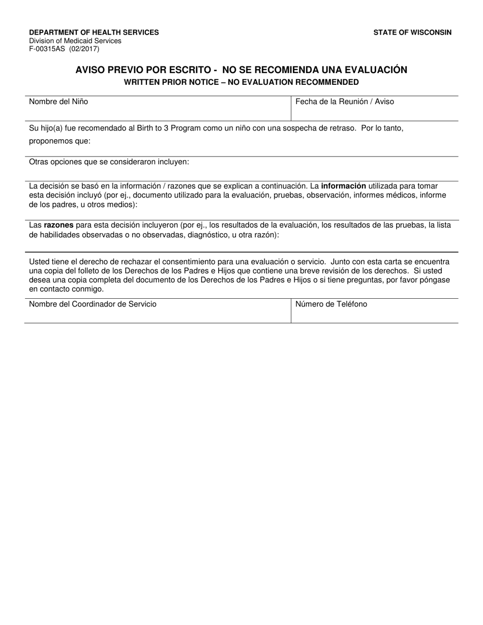 Formulario F-00315A Aviso Previo Por Escrito - No Se Recomienda Una Evaluacion - Wisconsin (Spanish), Page 1