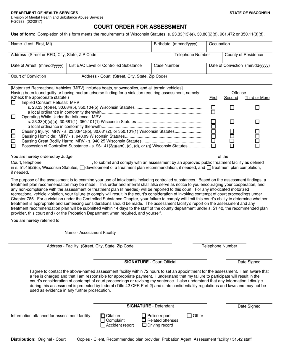Form F-20933 Court Order for Assessment - Wisconsin, Page 1