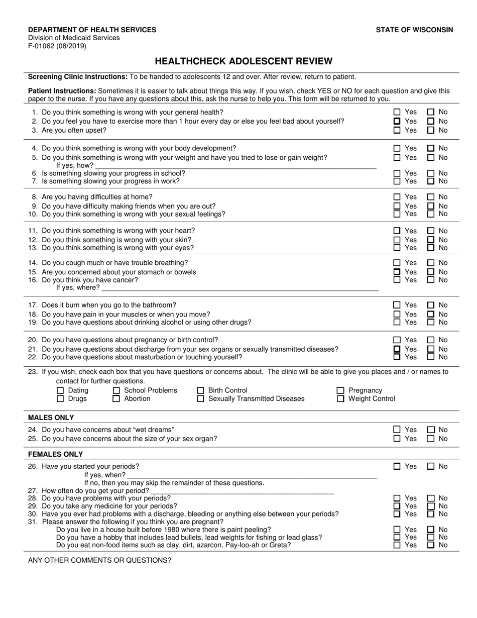 Form F-01062 Healthcheck Adolescent Review - Wisconsin, Page 1