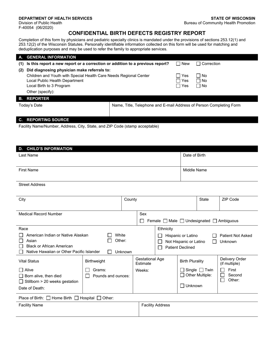 Form F-40054 Confidential Birth Defects Registry Report - Wisconsin, Page 1