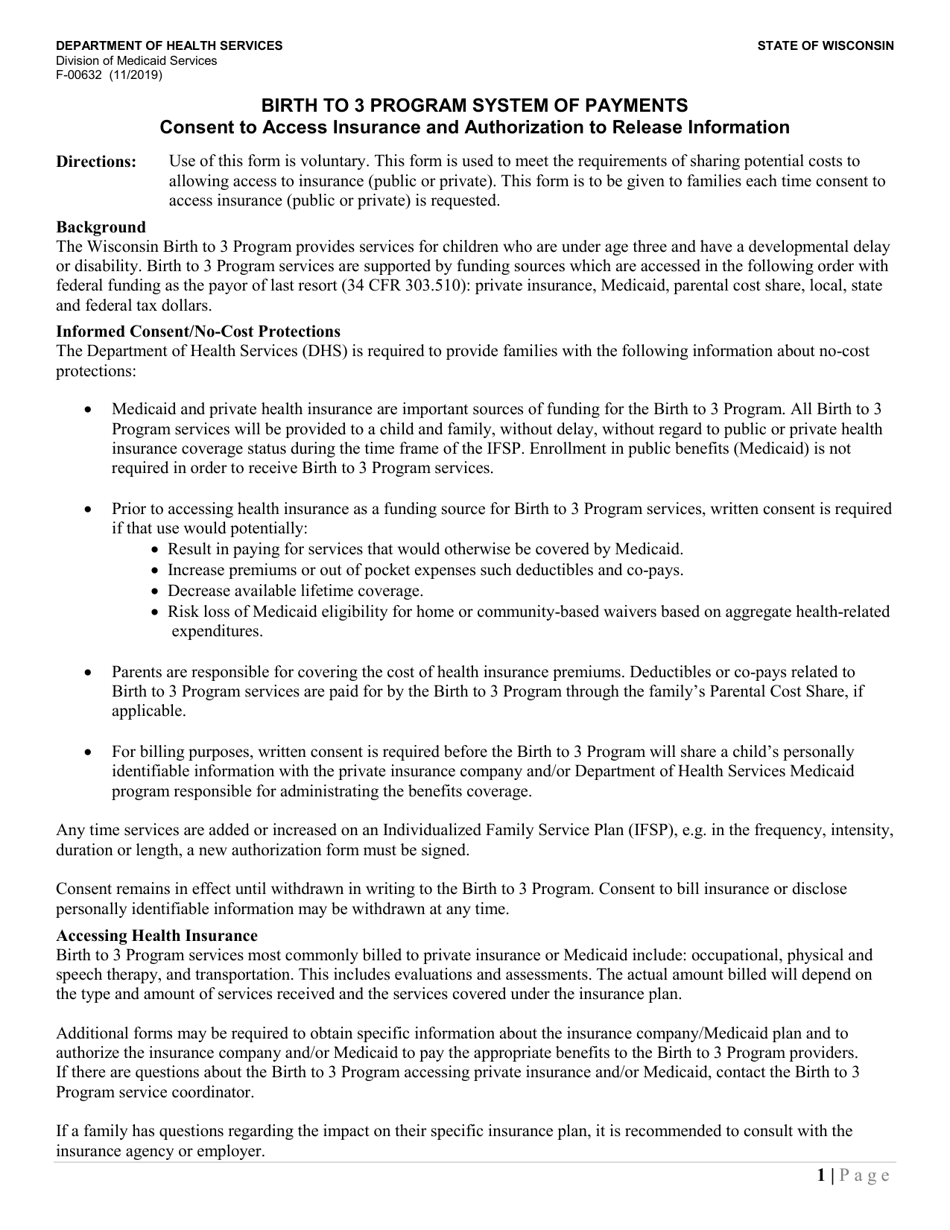 Form F-00632 Consent to Access Insurance and Authorization to Release Information - Birth to 3 Program System of Payments - Wisconsin, Page 1