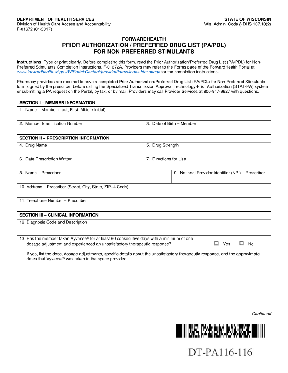 Form F-01672 Prior Authorization / Preferred Drug List (Pa / Pdl) for Non-preferred Stimulants - Wisconsin, Page 1
