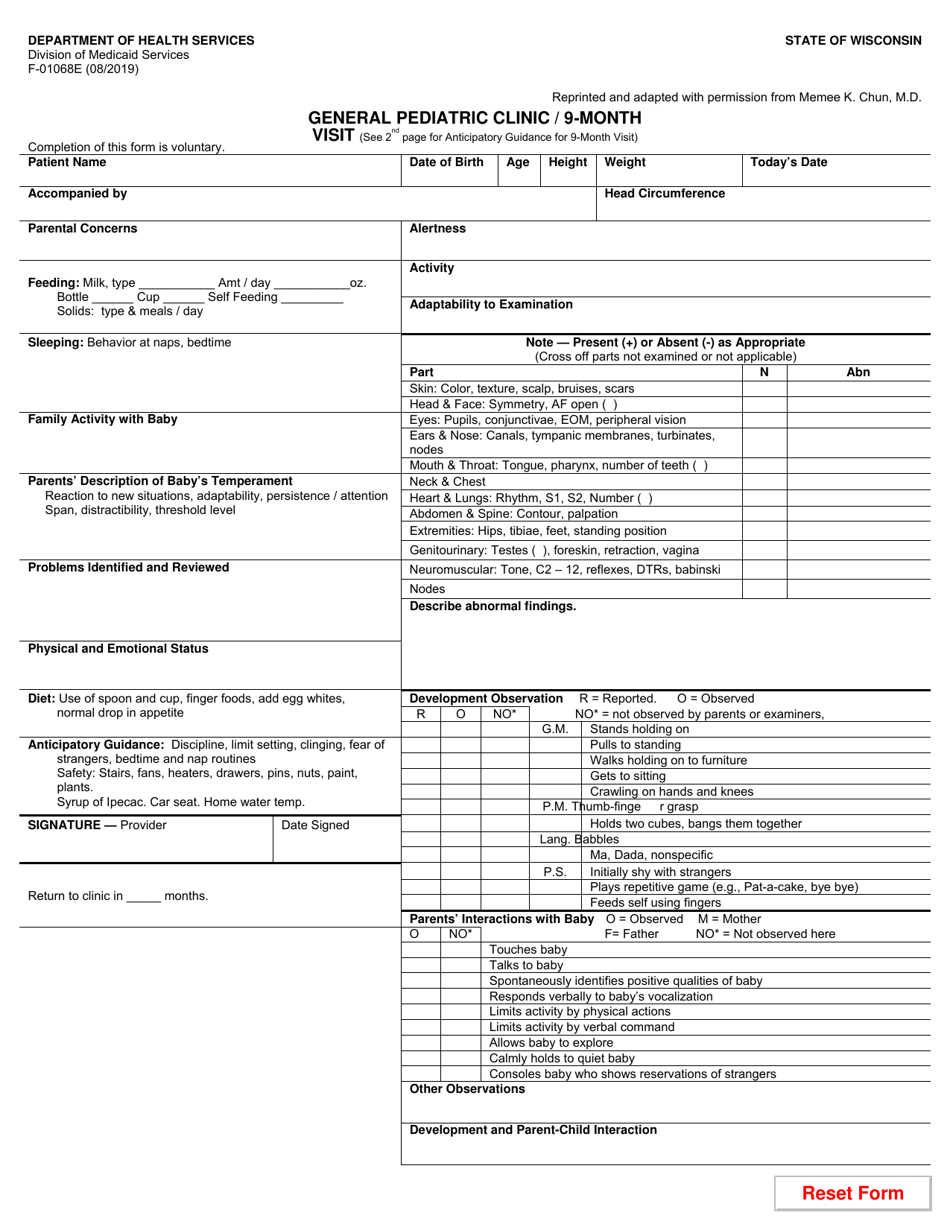 Form F-01068E General Pediatric Clinic - 9-month Visit - Wisconsin, Page 1