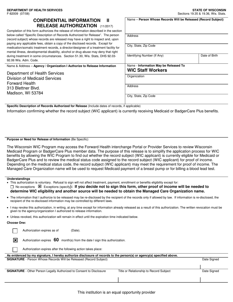 Form F-82009II Confidential Information Release Authorization - Wisconsin, Page 1