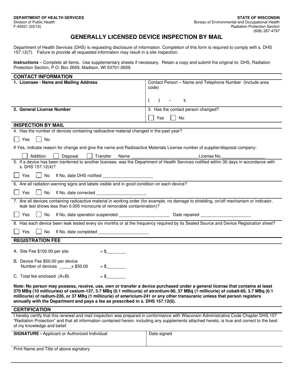Form F-45021 Generally Licensed Device Inspection by Mail - Wisconsin, Page 1