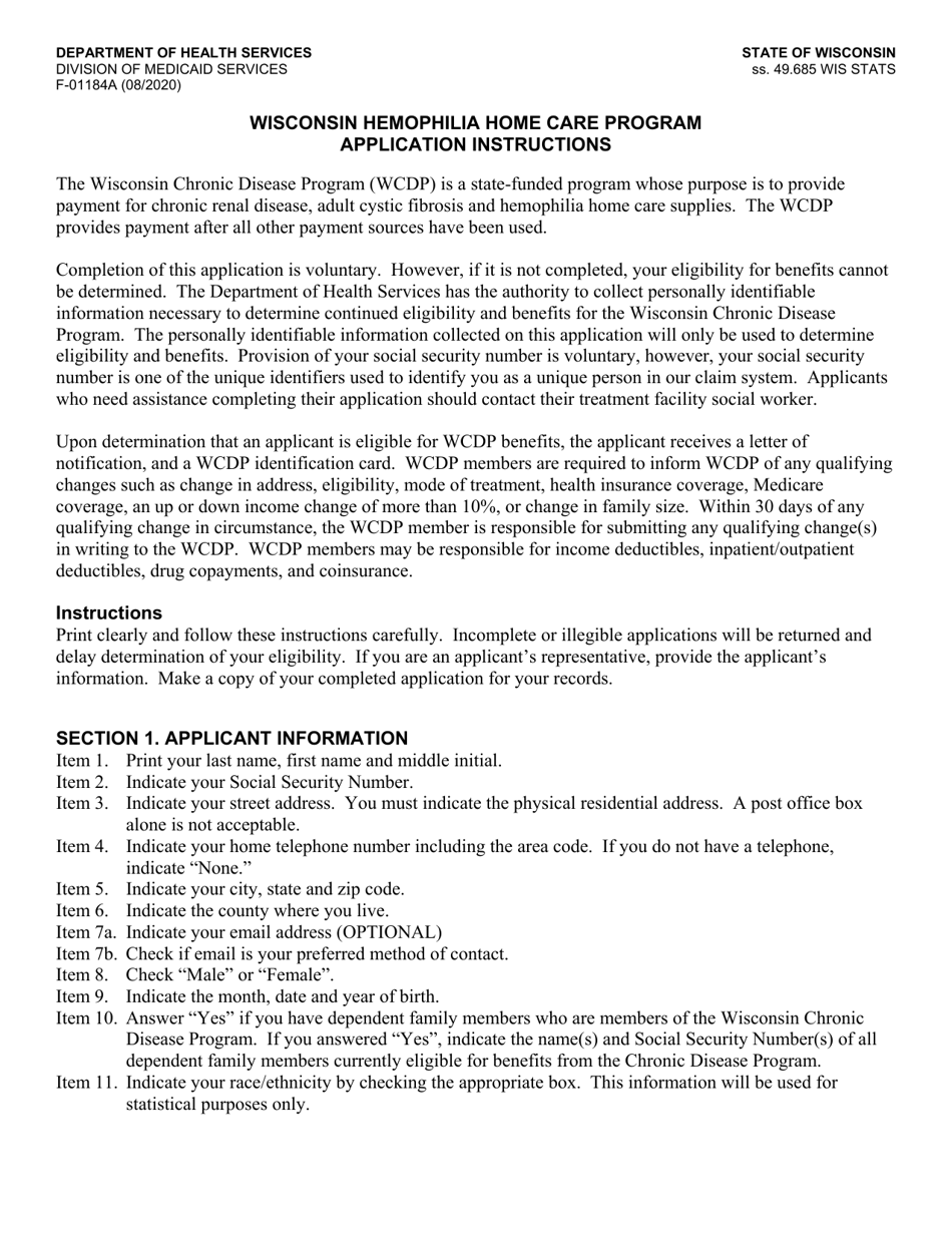 Instructions for Form F-01184 Wisconsin Hemophilia Home Care Program Application - Wisconsin, Page 1