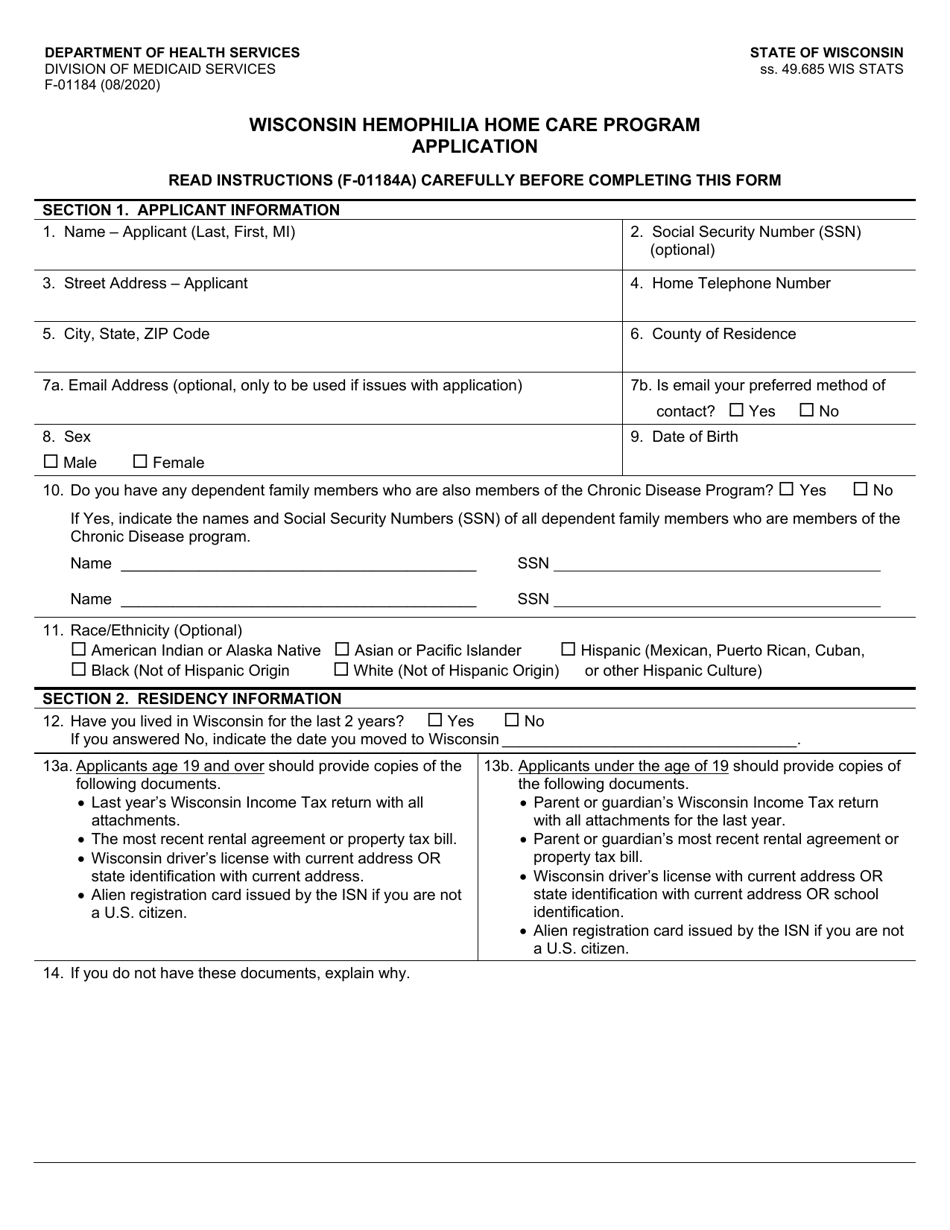Form F-01184 Wisconsin Hemophilia Home Care Program Application - Wisconsin, Page 1