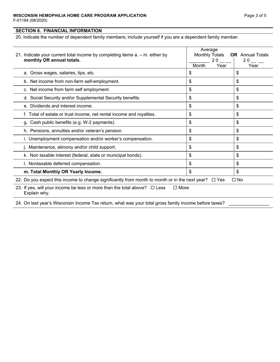 Form F-01184 Wisconsin Hemophilia Home Care Program Application - Wisconsin, Page 3