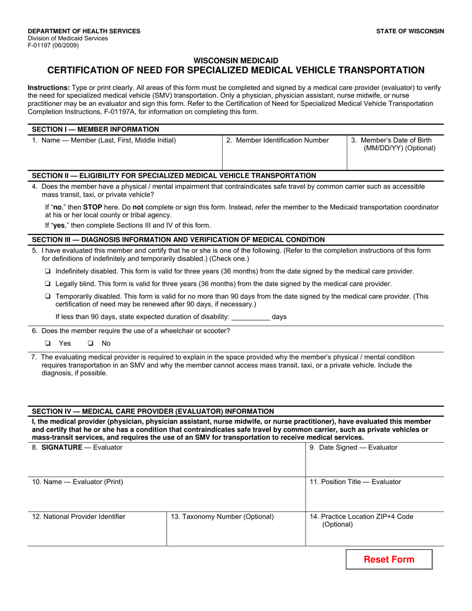 Form F-01197 Certification of Need for Specialized Medical Vehicle Transportation - Wisconsin, Page 1
