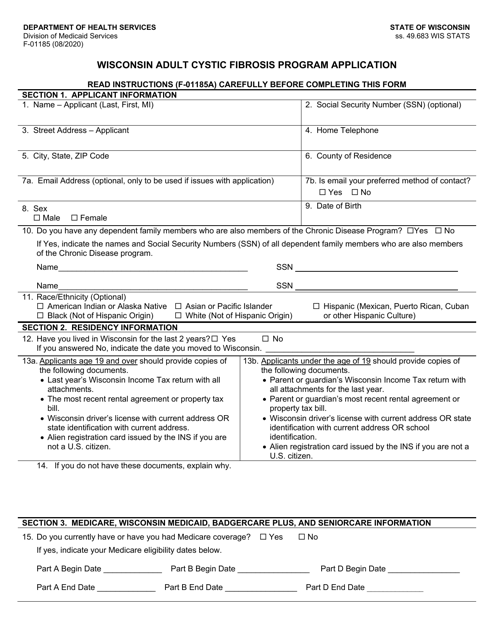 Form F-01185 Wisconsin Adult Cystic Fibrosis Program Application - Wisconsin