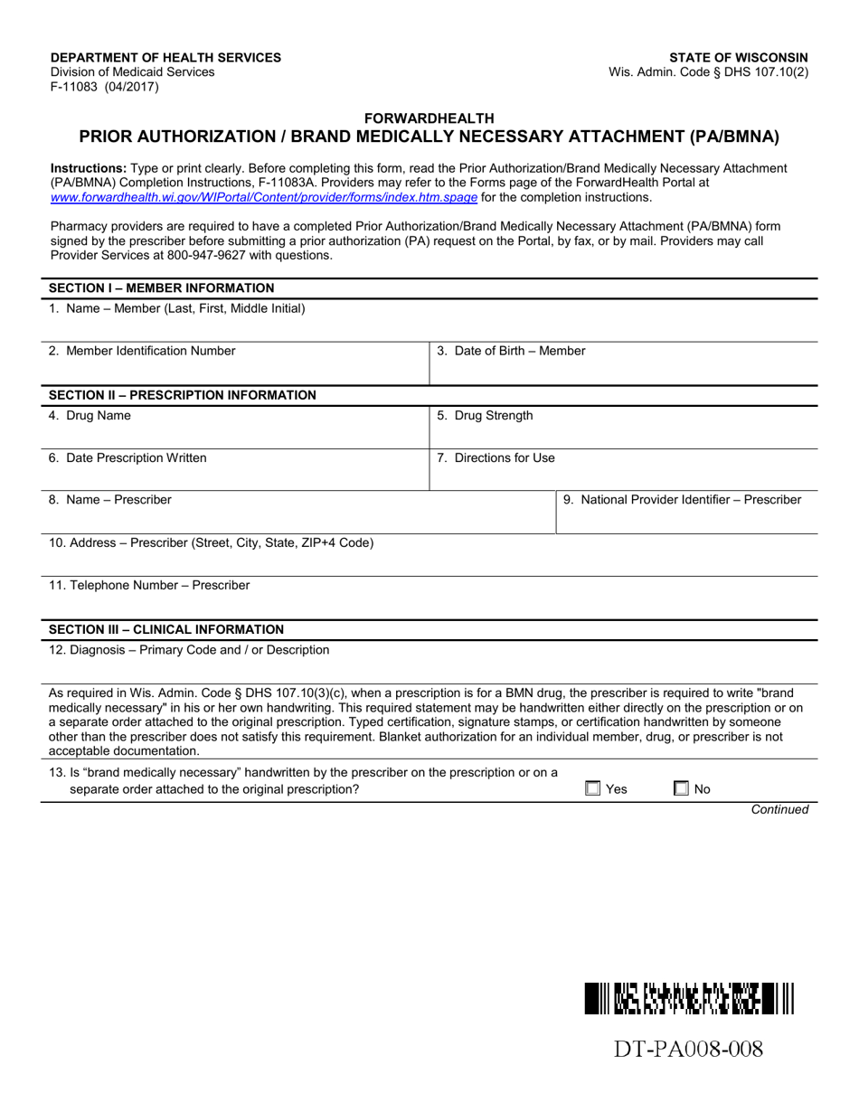 Form F-11083 Prior Authorization / Brand Medically Necessary Attachment (Pa / Bmna) - Wisconsin, Page 1