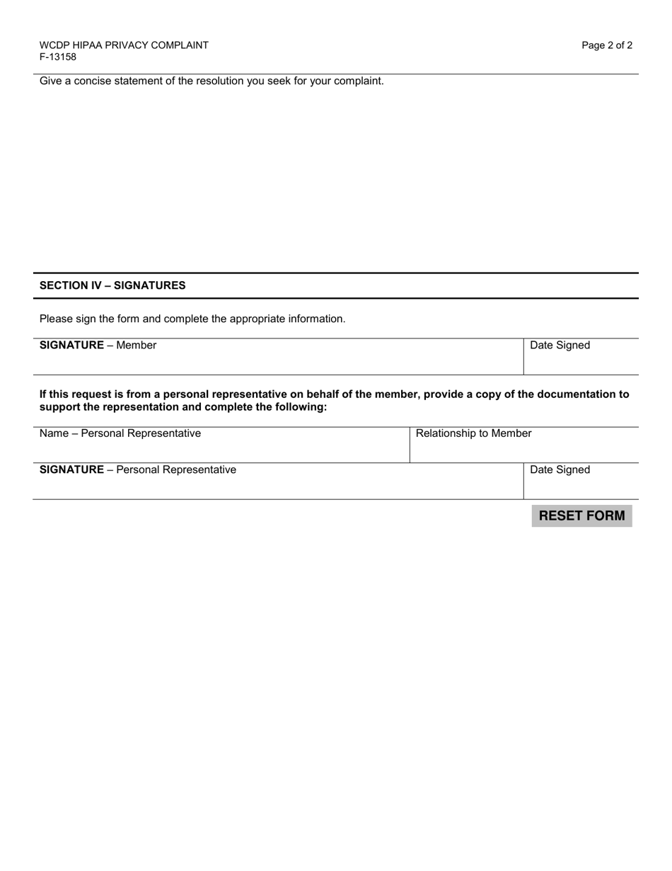 Form F-13158 HIPAA Privacy Complaint - Wisconsin Chronic Disease Program (Wcdp) - Wisconsin, Page 2