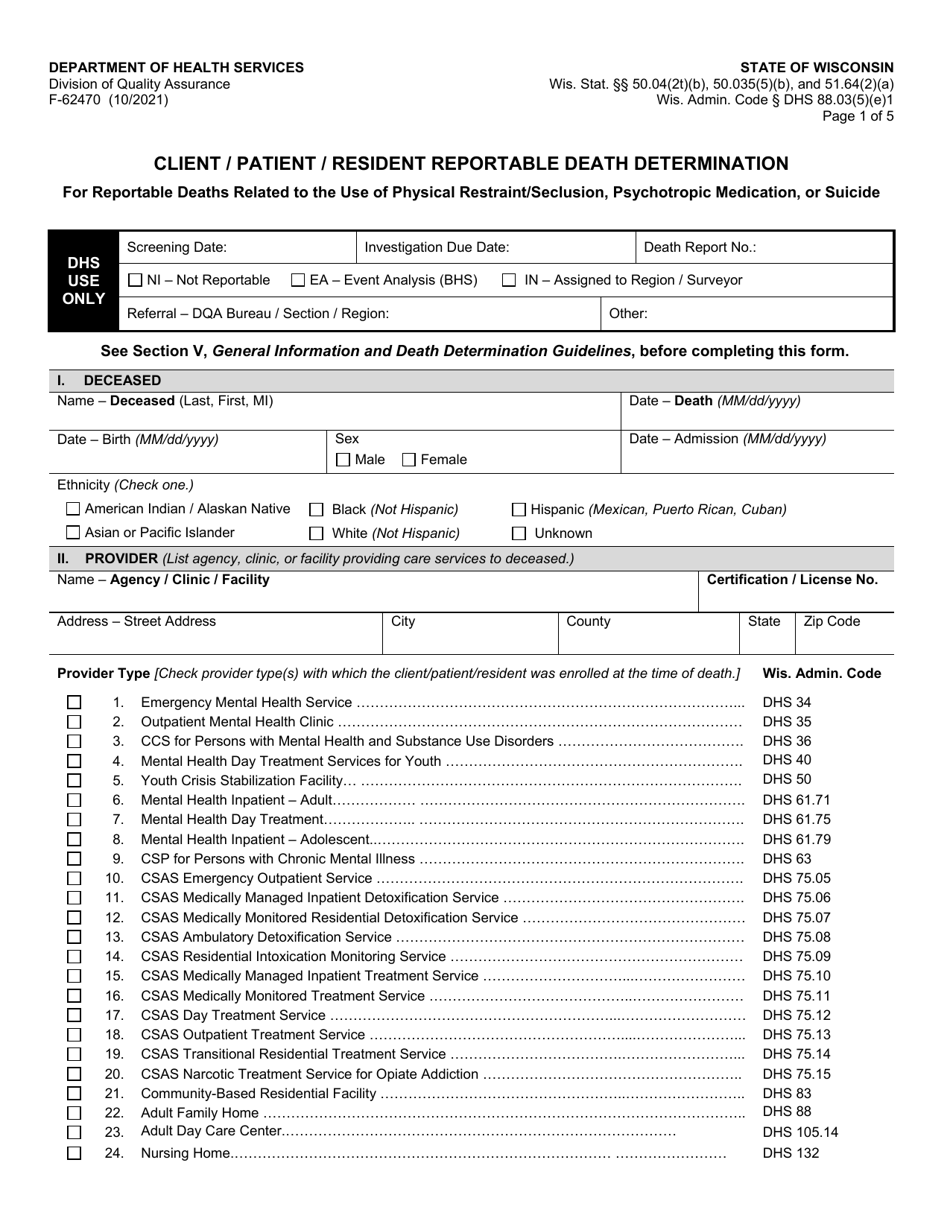Form F-62470 Client / Patient / Resident Reportable Death Determination - Wisconsin, Page 1
