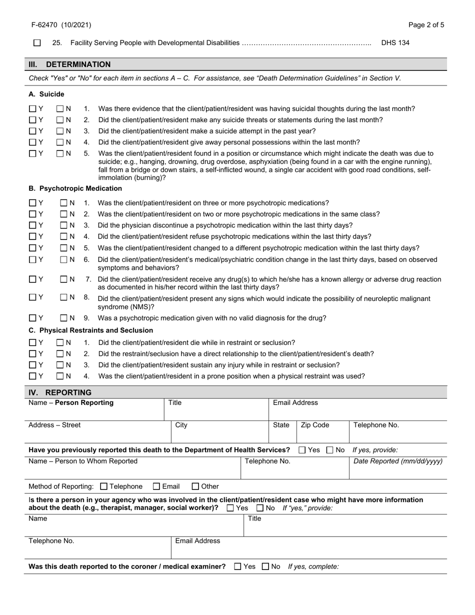Form F-62470 Client / Patient / Resident Reportable Death Determination - Wisconsin, Page 2
