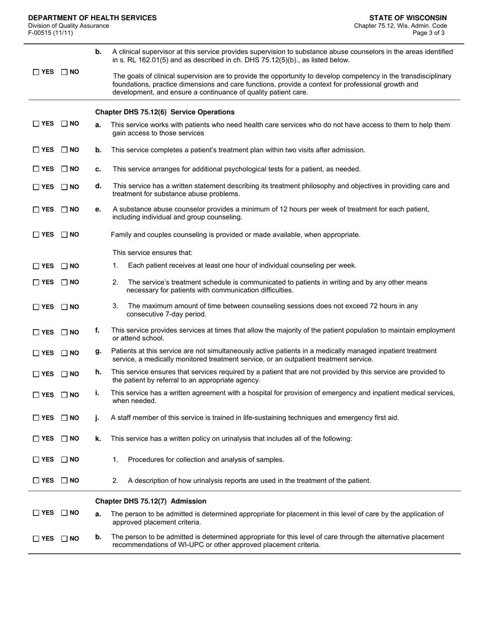 Form F-00515 Community Substance Abuse Services (Csas) Day Treatment Service Initial Certification Application - Chapter DHS 75.12 - Wisconsin, Page 3