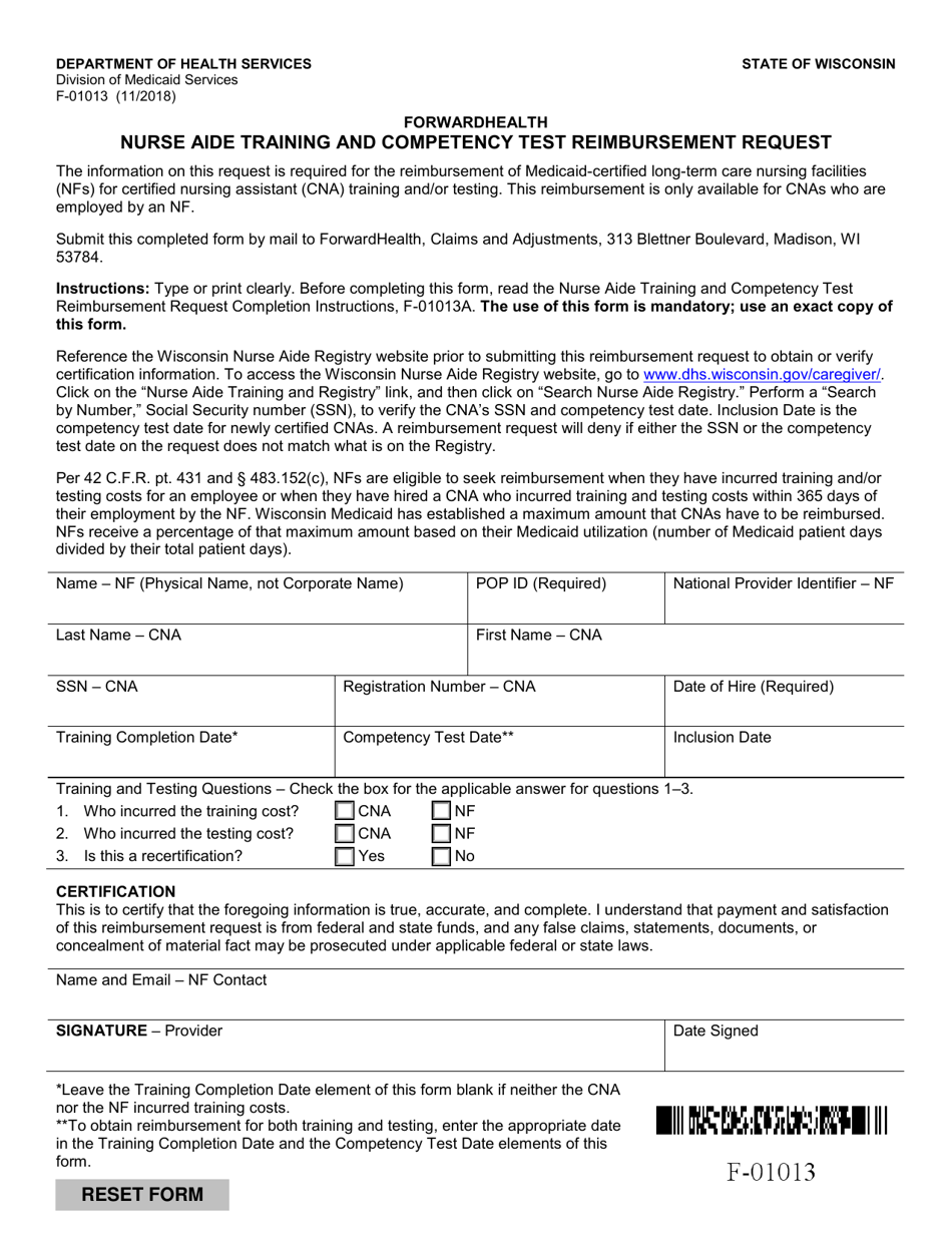 Form F-01013 Nurse Aide Training and Competency Test Reimbursement Request - Wisconsin, Page 1