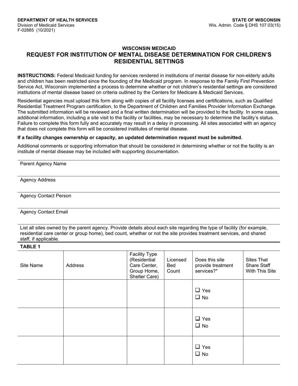Form F-02885 Request for Institution of Mental Disease Determination for Childrens Residential Settings - Wisconsin, Page 1