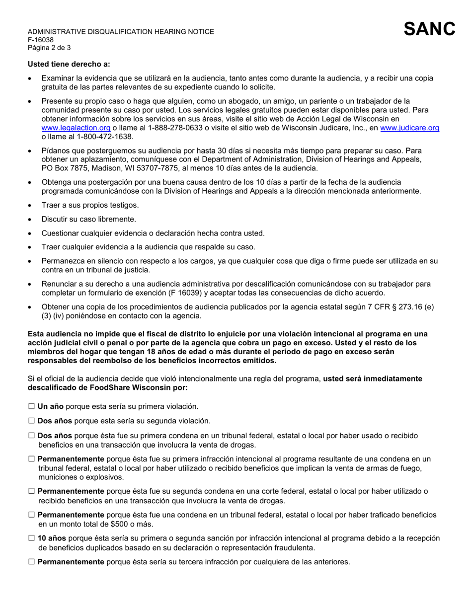 Formulario F-16038 Aviso De Audiencia Administrativa De Descalificacion - Wisconsin (Spanish), Page 2