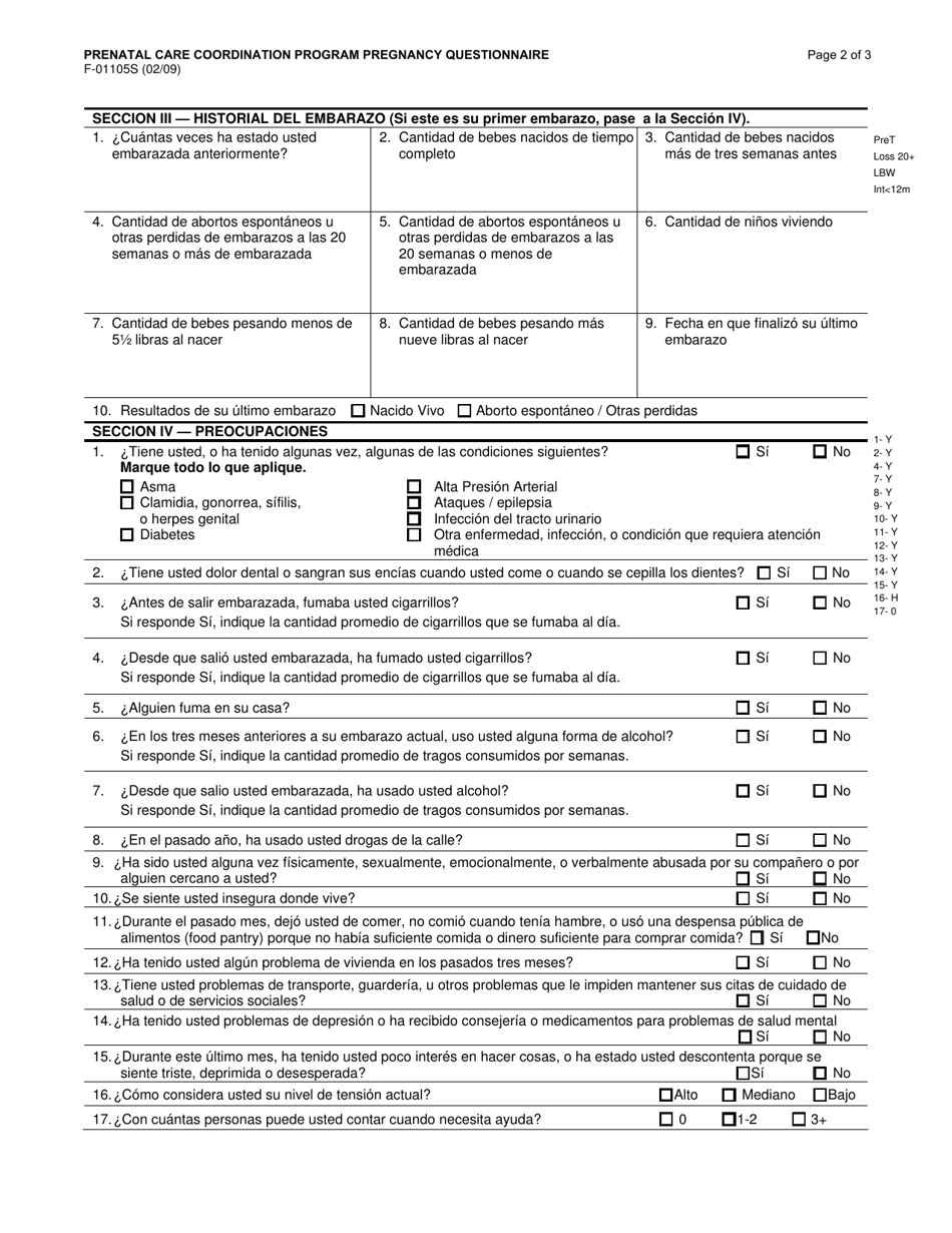 Formulario F-01105 Cuestionario De Embarazo - Programa De Coordinacion De Cuidado Prenatal - Wisconsin (Spanish), Page 2