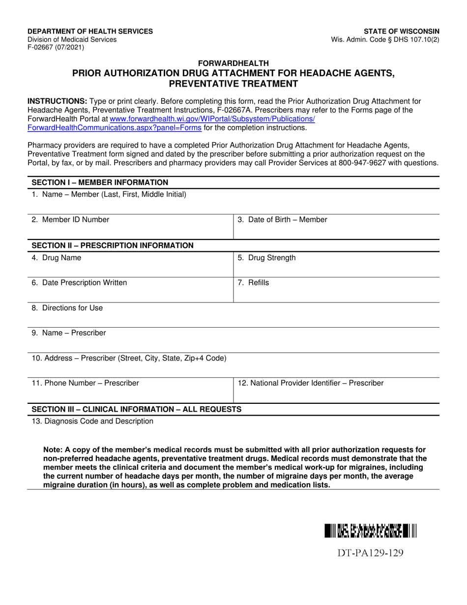 Form F-02667 Prior Authorization Drug Attachment for Headache Agents, Preventative Treatment - Wisconsin, Page 1