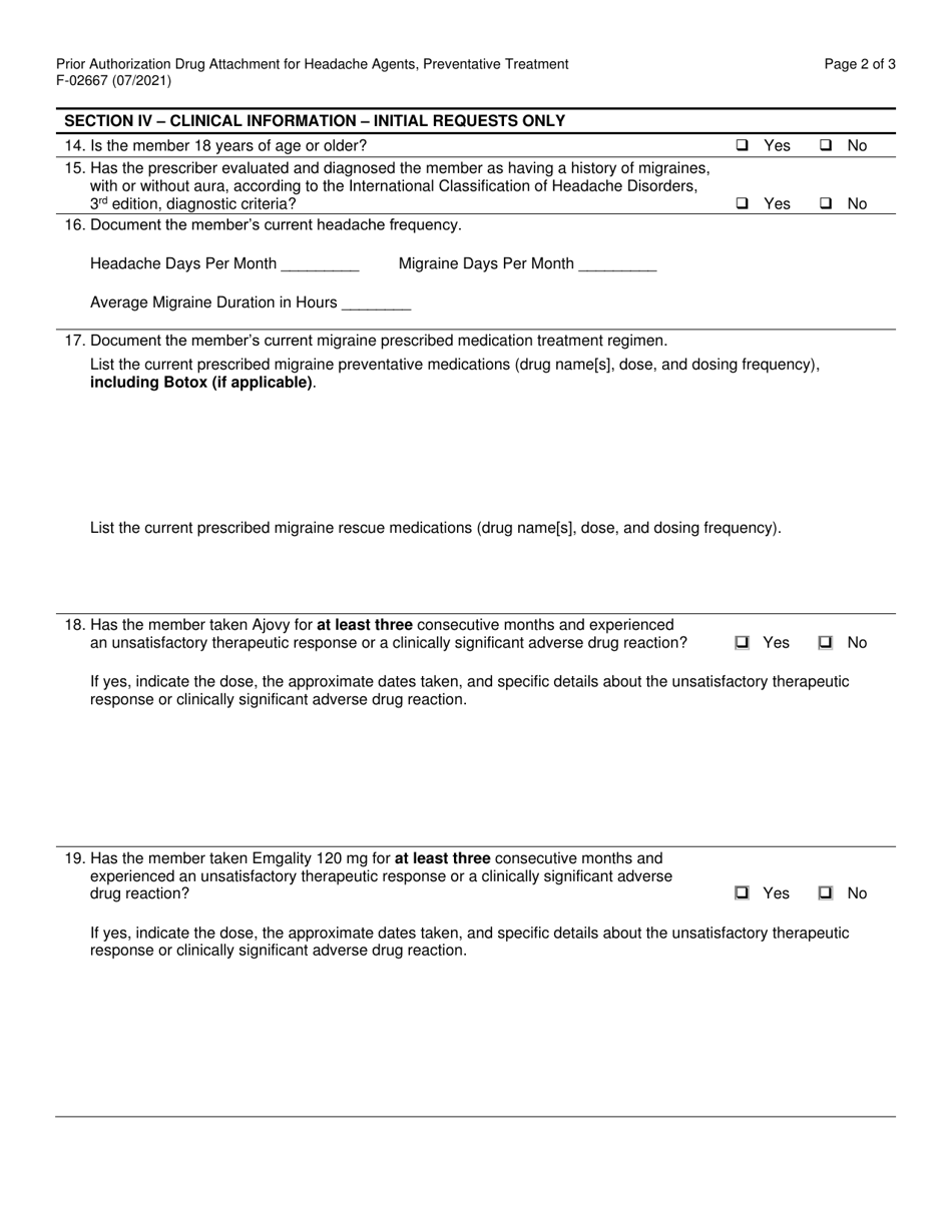 Form F-02667 Prior Authorization Drug Attachment for Headache Agents, Preventative Treatment - Wisconsin, Page 2