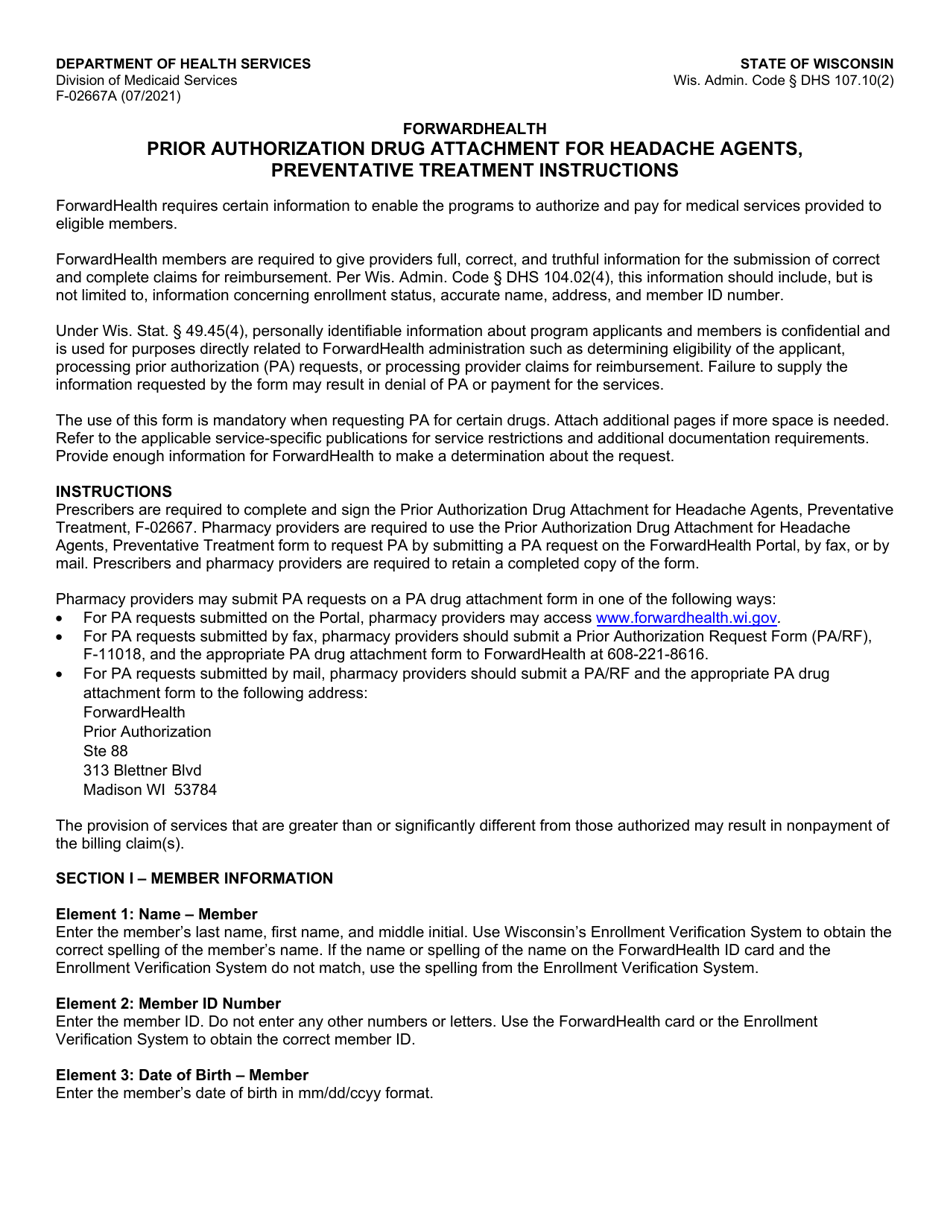 Instructions for Form F-02667 Prior Authorization Drug Attachment for Headache Agents, Preventative Treatment - Wisconsin, Page 1