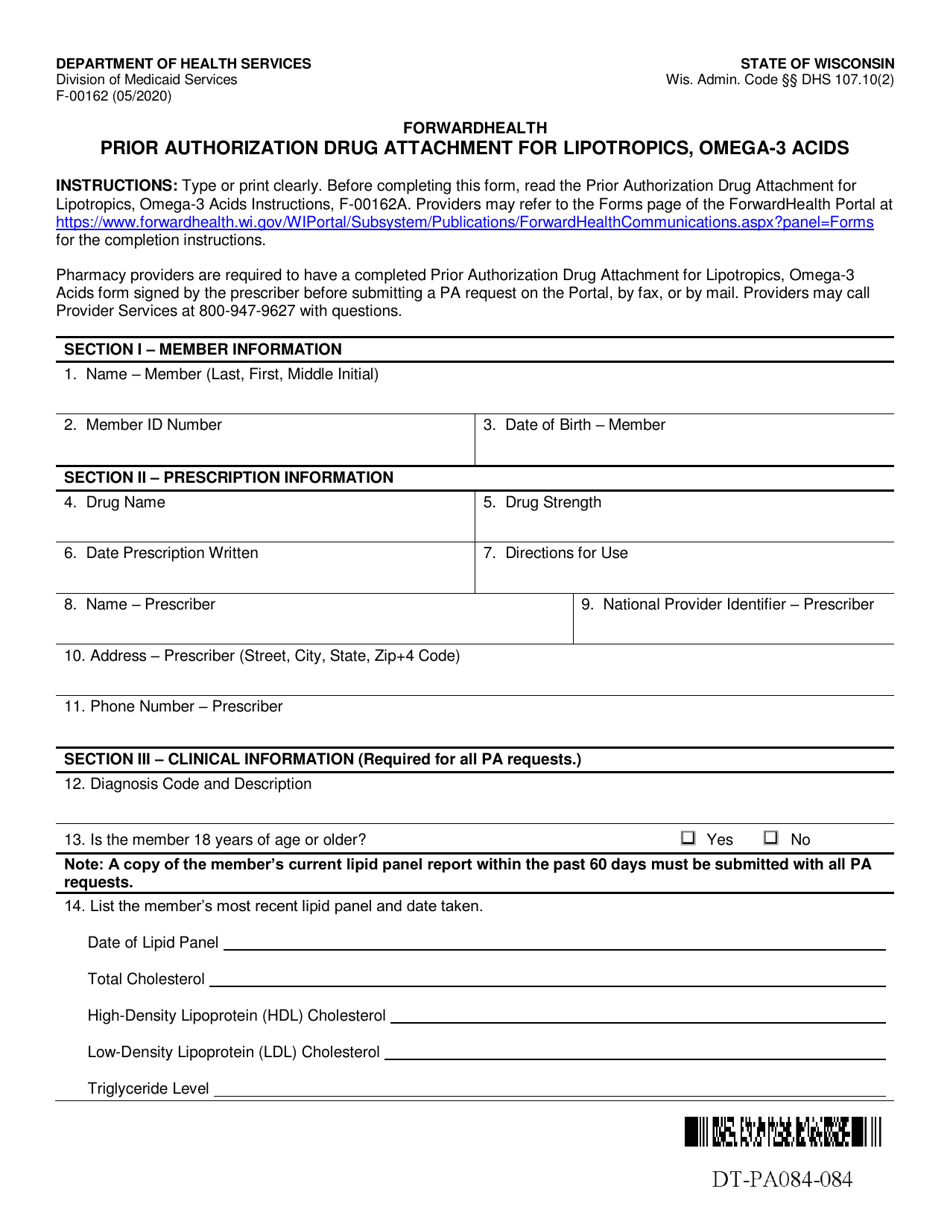 Form F-00162 Prior Authorization Drug Attachment for Lipotropics, Omega-3 Acids - Wisconsin, Page 1