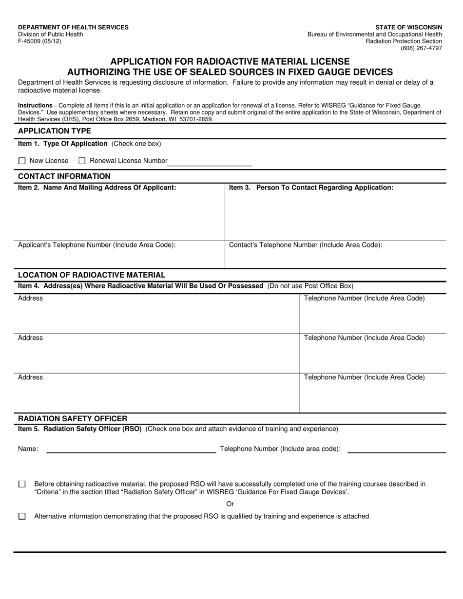 Form F-45009 Application for Radioactive Material License Authorizing the Use of Sealed Sources in Fixed Gauge Devices - Wisconsin, Page 1