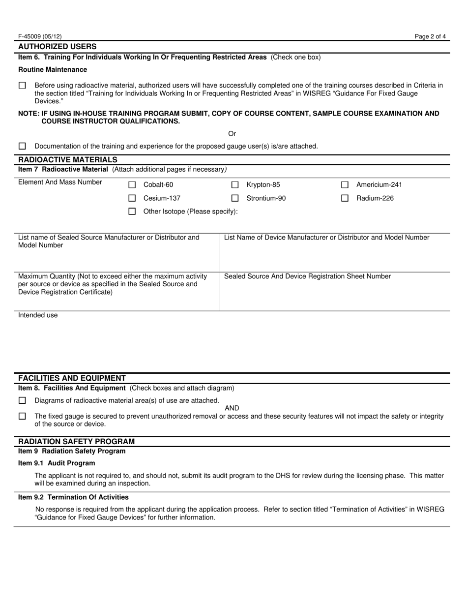 Form F-45009 Application for Radioactive Material License Authorizing the Use of Sealed Sources in Fixed Gauge Devices - Wisconsin, Page 2