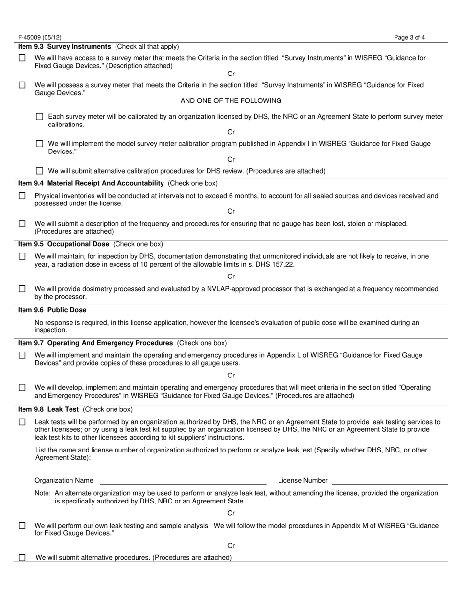 Form F-45009 Application for Radioactive Material License Authorizing the Use of Sealed Sources in Fixed Gauge Devices - Wisconsin, Page 3